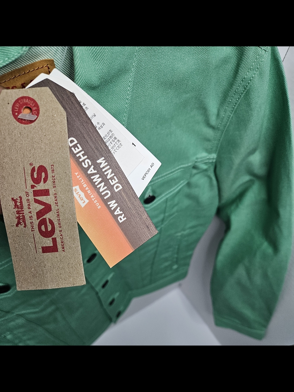 NWT Levi's Raw Unwashed Denim Trucker Jacket - Rare Mint Green Men Size S - Picture 5 of 7